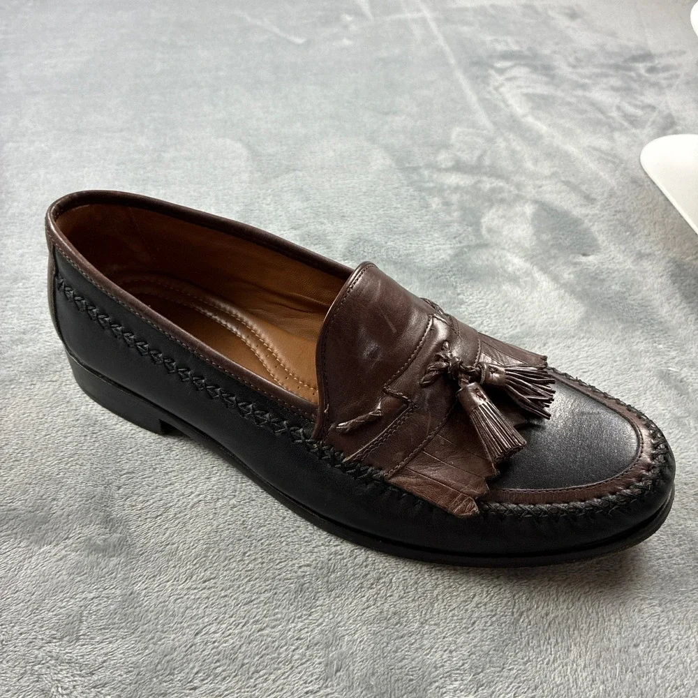 Domani Mens 11M Two Tone Brown Black Leather Tassel Kiltie Loafers India Preppy
